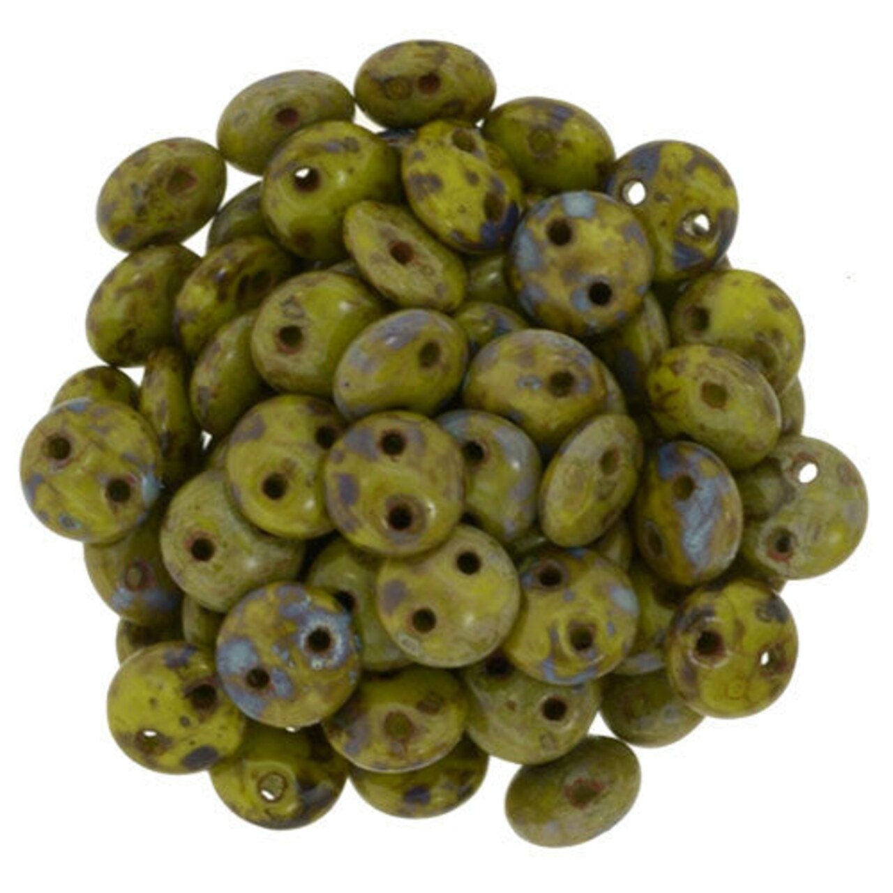 Czechmate 6mm Lentil Glass Czech Two Hole Bead, Opaque Olive Picasso